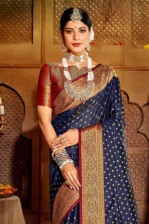 Oxford Blue Zari Woven Banarasi Saree