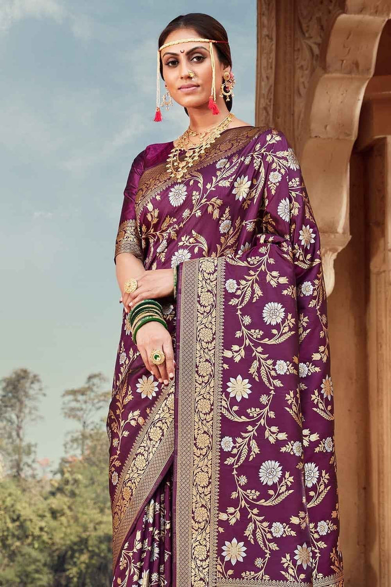 Buy Palatinate Purple Intricate Jaal Woven Banarasi Saree online-Karagiri
