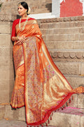 Papaya orange zari woven banarasi saree - From ghats of Banaras - Buy online on Karagiri - Free shipping to USA
