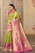 Parrot green - pink woven Banarasi Brocade saree - Buy online on Karagiri - Free shipping to USA