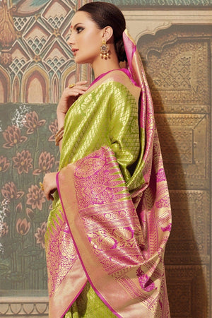 Parrot Green - Pink Woven Banarasi Brocade Saree