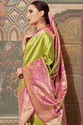 Parrot green - pink woven Banarasi Brocade saree - Buy online on Karagiri - Free shipping to USA