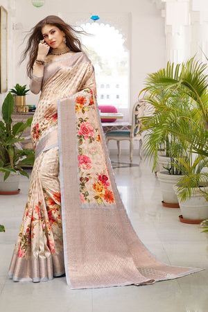 Pastel Cream Zari Woven Banarasi Saree