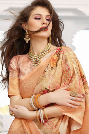 Pastel Orange Zari Woven Banarasi Saree