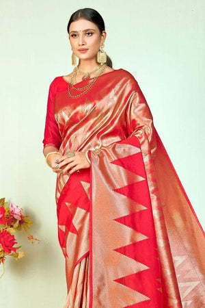 Pastel Red Zari Woven Banarasi Saree