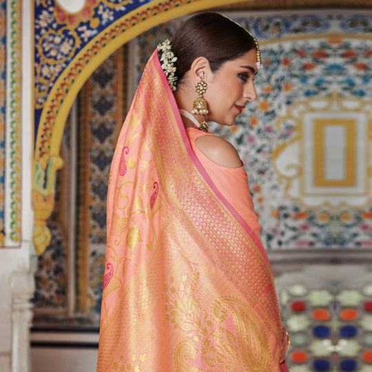 Peach pink woven banarasi brocade Saree - Buy online on Karagiri - Free shipping to USA