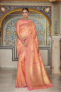 Peach pink woven banarasi brocade Saree - Buy online on Karagiri - Free shipping to USA