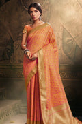 Buy peach zari woven banarasi saree online at best price - Karagiri