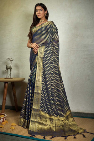 Peacock Blue Banarasi Chiffon Saree