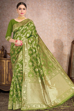 Pear Green Printed Banarasi Saree
