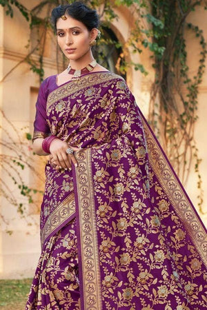 Pebble Purple Intricate Jaal Woven Banarasi Saree