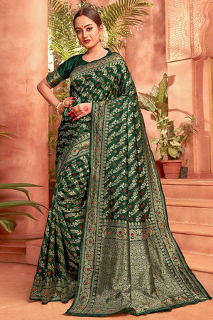 Pine Green Heavy Zari Woven Banarasi Saree