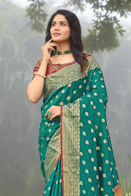 Pine Green Zari Butti Woven Banarasi Saree