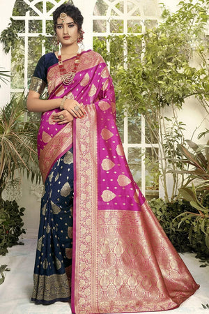 Pink And Blue Dual Toned Banarasi Saree