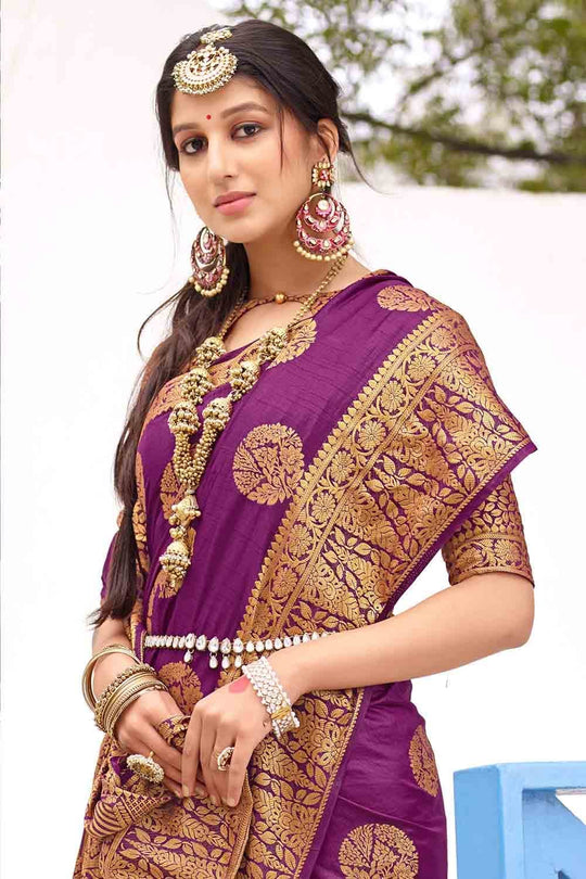Plum Purple Zari Butta Woven Banarasi Saree