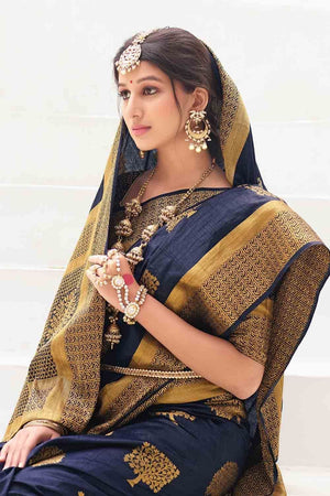 Prussian Blue Zari Butta Woven Banarasi Saree