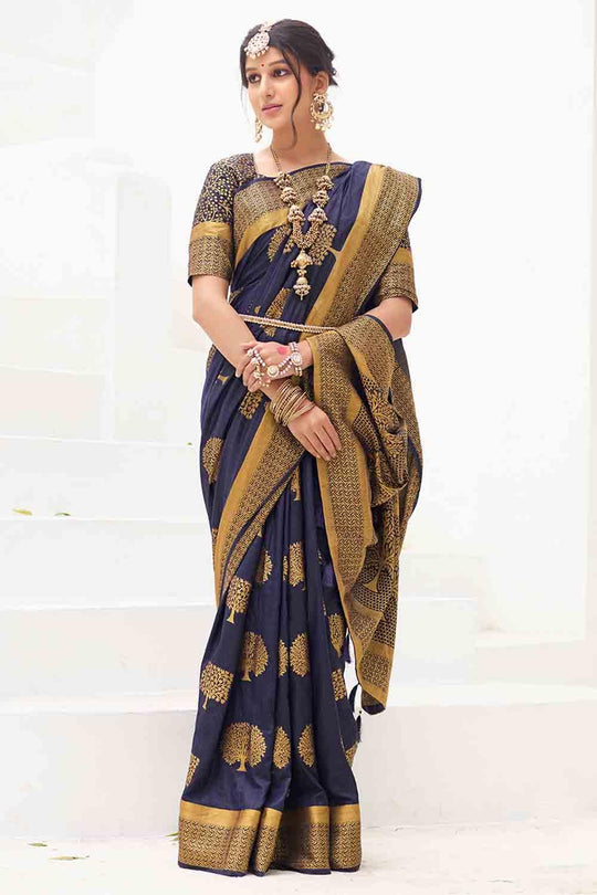 Prussian Blue Zari Butta Woven Banarasi Saree