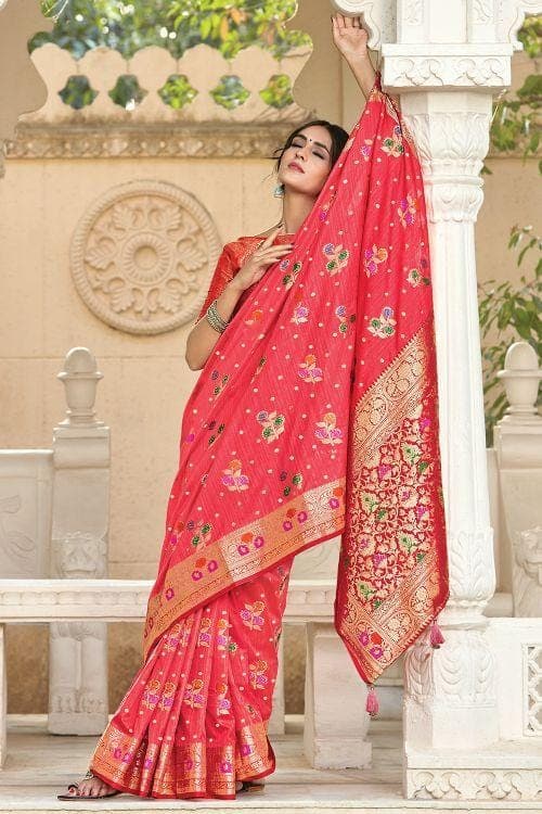 Punch Pink Floral Zari Woven Banarasi Saree