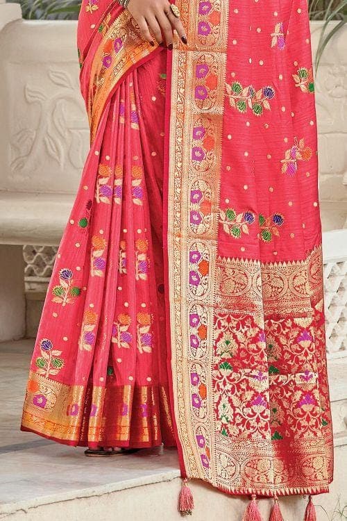 Punch Pink Floral Zari Woven Banarasi Saree