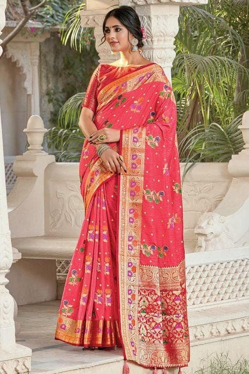 Punch Pink Floral Zari Woven Banarasi Saree