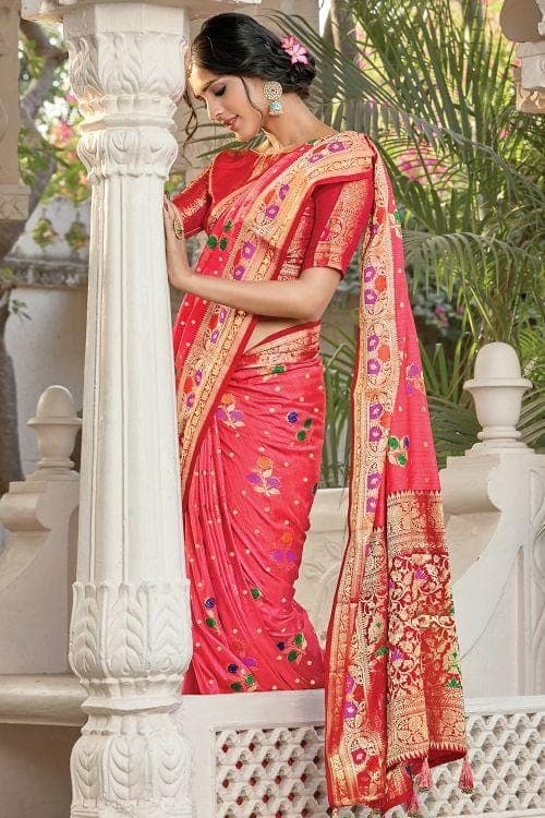 Punch Pink Floral Zari Woven Banarasi Saree