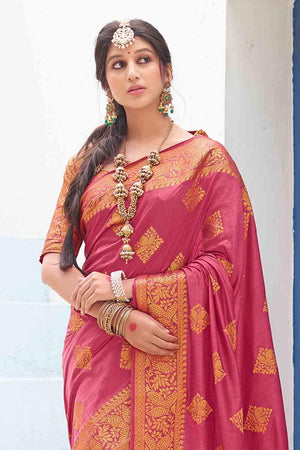 Punch Pink Zari Butta Woven Banarasi Saree