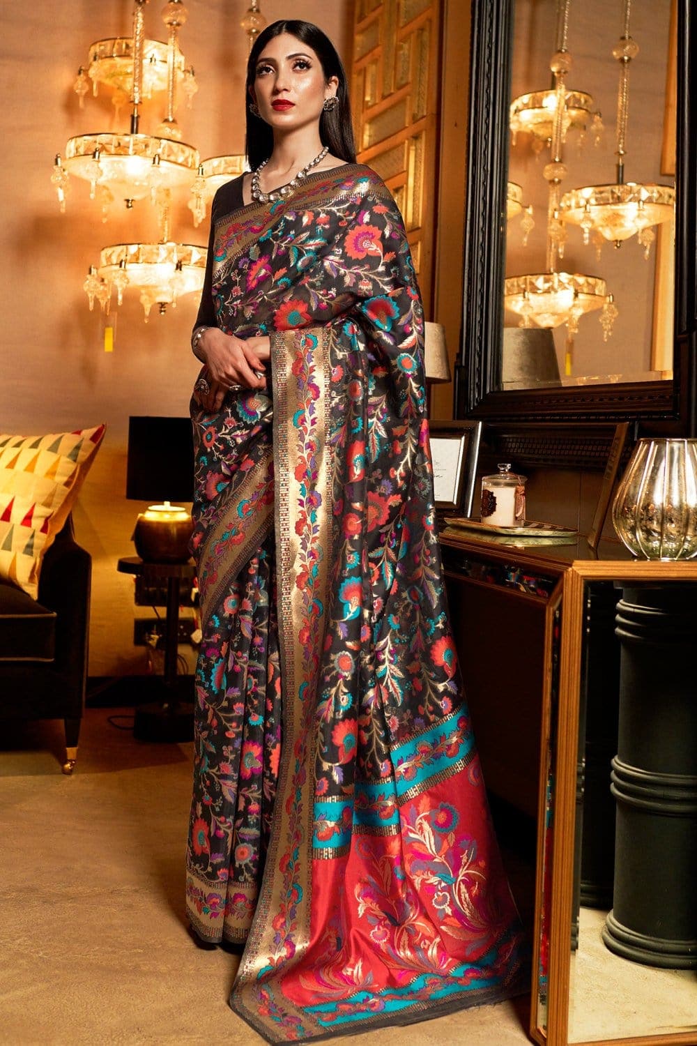 Malai Silk black banarasi saree with Meena booti | | Chiro's By Jigyasa