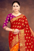 Red And Orange Zari Woven Banarasi Saree