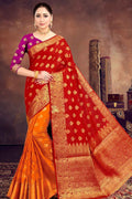 Red And Orange Zari Woven Banarasi Saree