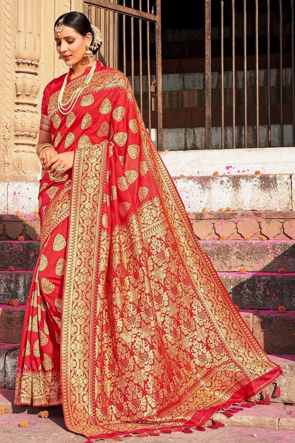 Red zari woven banarasi saree - From ghats of Banaras - Buy online on Karagiri - Free shipping to USA