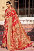 Red zari woven banarasi saree - From ghats of Banaras - Buy online on Karagiri - Free shipping to USA