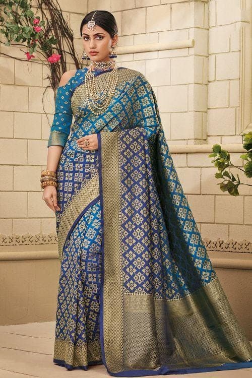 Ribbon Blue Zari Woven Banarasi Saree
