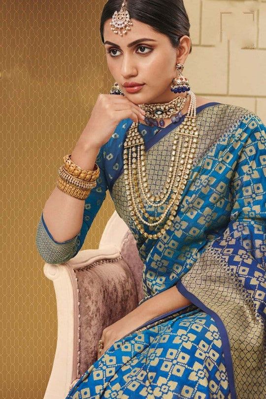 Ribbon Blue Zari Woven Banarasi Saree