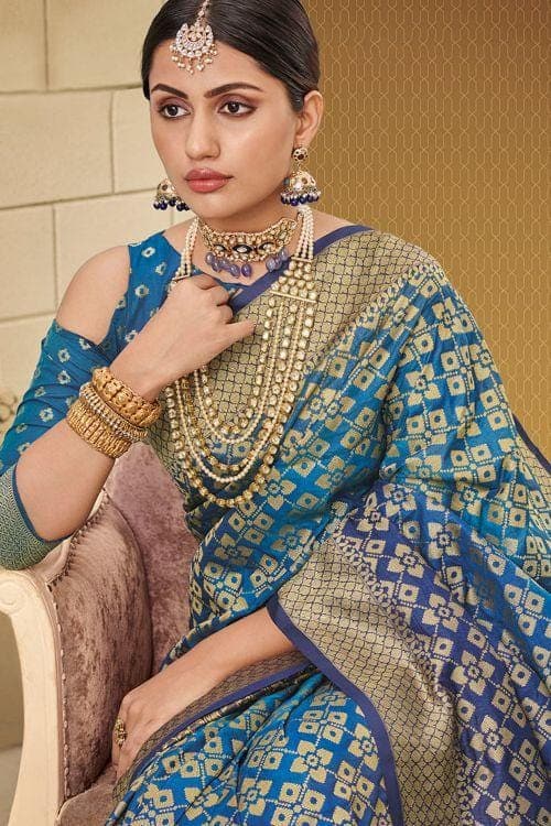 Ribbon Blue Zari Woven Banarasi Saree