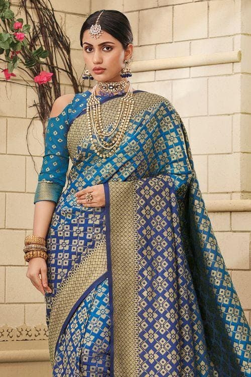 Ribbon Blue Zari Woven Banarasi Saree
