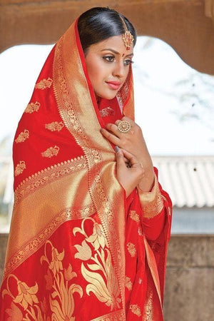 Rose Red Banarasi Butta Saree