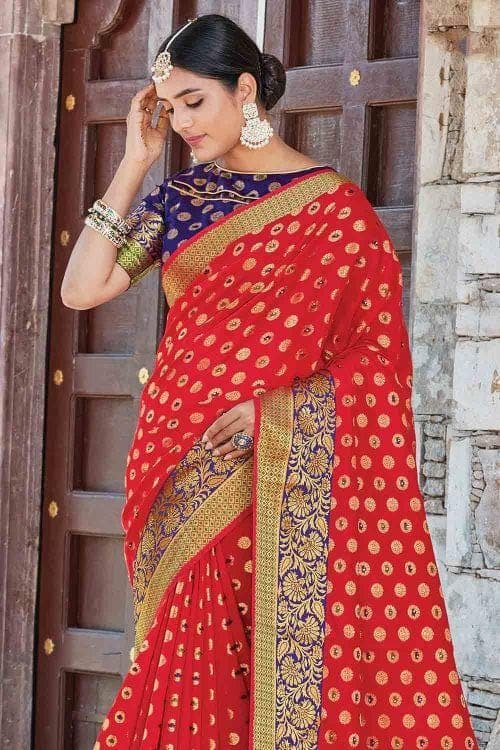Rose Red Butta Banarasi Saree