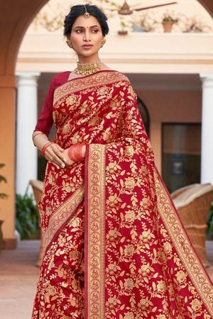 Rose Red Intricate Jaal Woven Banarasi Saree