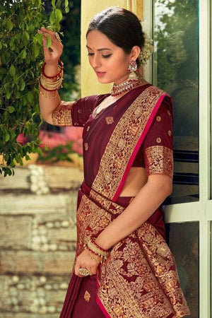 Rosewood Maroon Banarasi Saree