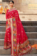 Rospberry red  zari woven banarasi saree - From ghats of Banaras - Buy online on Karagiri - Free shipping to USA