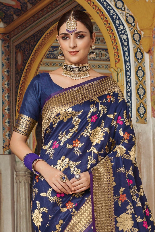 Royal blue woven banarasi brocade Saree - Buy online on Karagiri - Free shipping to USA