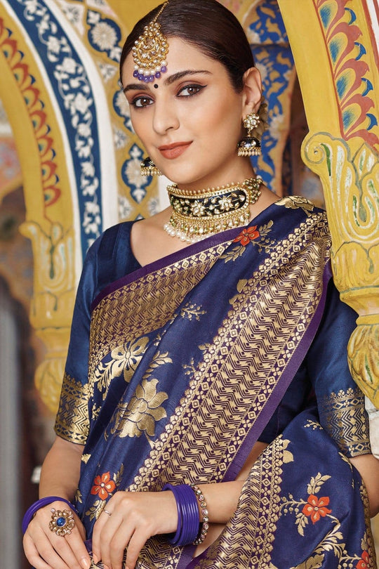 Royal blue woven banarasi brocade Saree - Buy online on Karagiri - Free shipping to USA