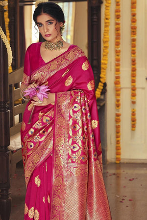 Ruby Pink Jacquard Prints Banarasi Saree