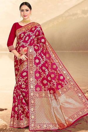 Ruby Pink Printed Banarasi Saree