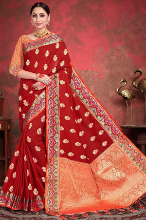 Ruby Red Zari Butta Saree