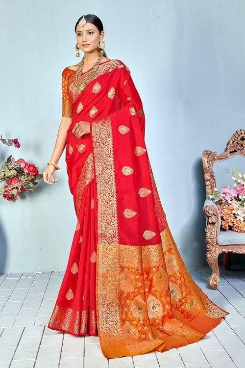 Banarasi Saree Ruby Red Zari Butta Woven Banarasi Saree saree online