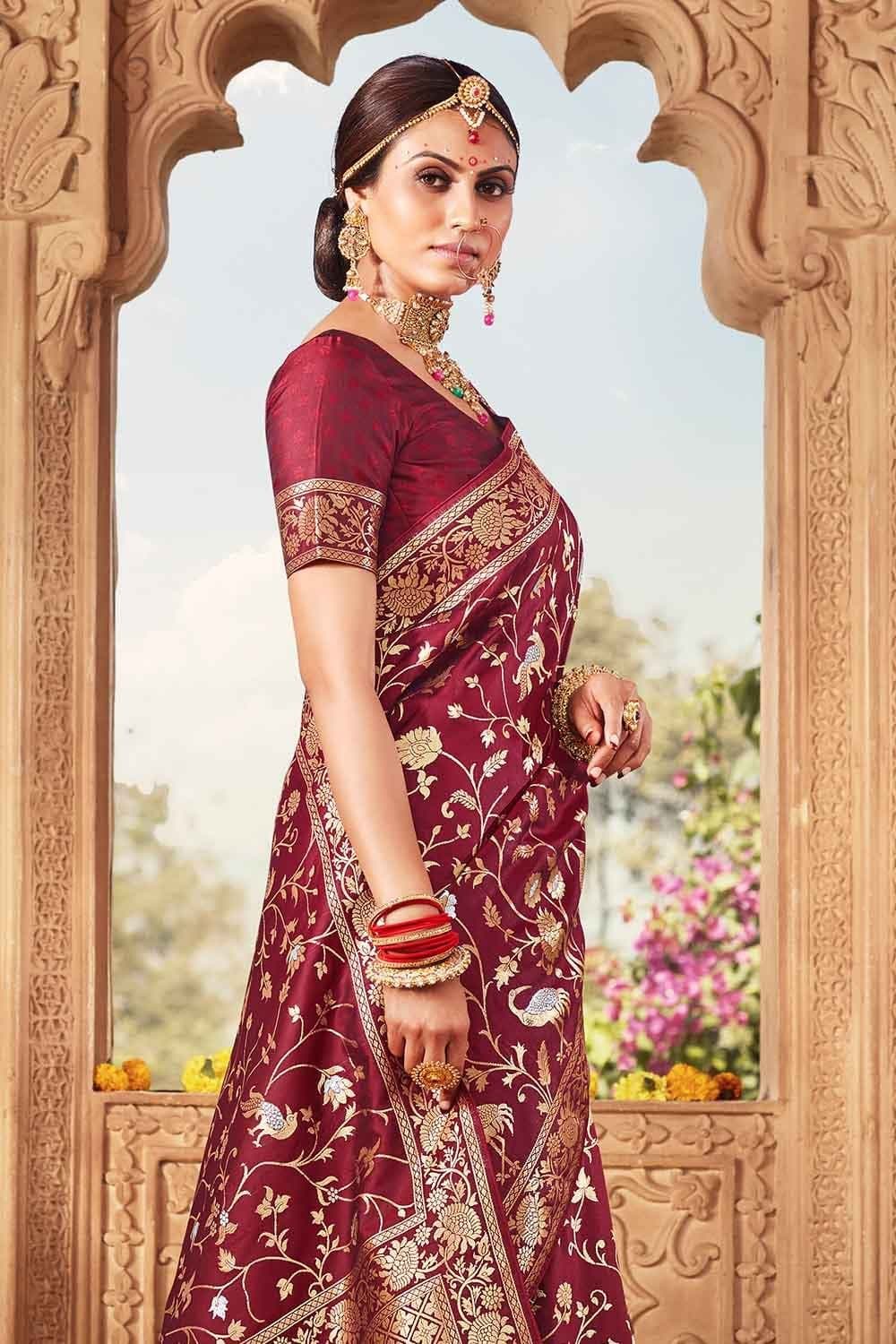 Womens Fashion Clothes Woven Zari Embroidered Banarasi Silk Cherry Red Saree |SARV113917