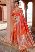 Salamander orange zari woven banarasi saree - From ghats of Banaras - Buy online on Karagiri - Free shipping to USA