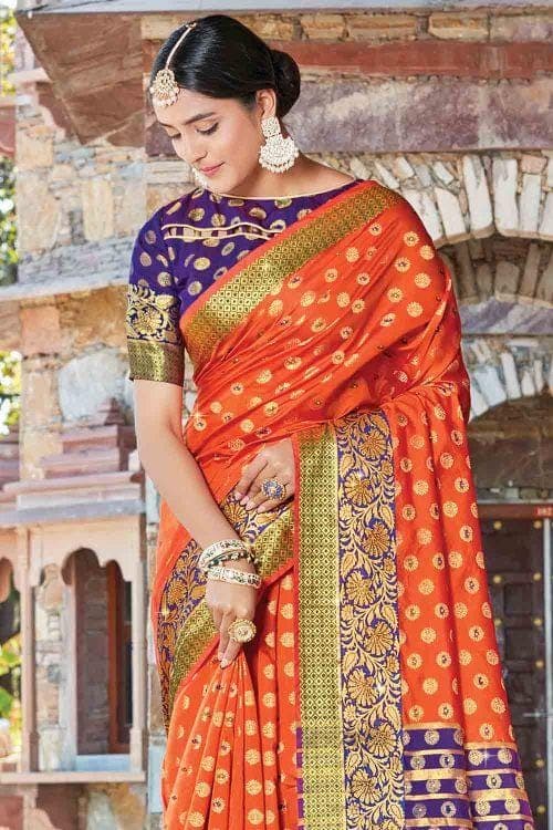Salamendor Orange Butta Banarasi Saree