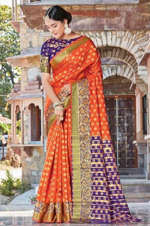 Salamendor Orange Butta Banarasi Saree